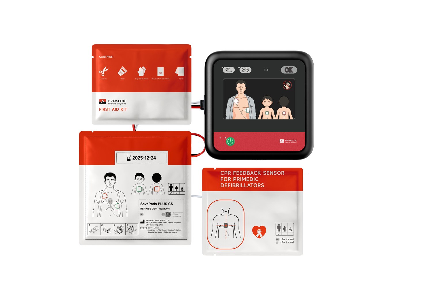 Primedic HeartSave myPAD set içeriği: elektrot, CPR sensörü ve ilk yardım kiti